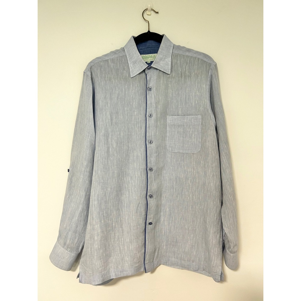 Inserch Collezione Uomo Mens Light Blue 100% Linen Roll Tab Button Down Shirt M